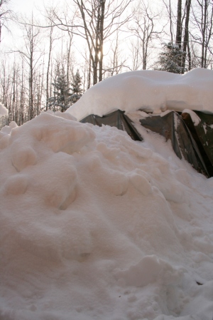 The other wood pile is inaccessible due to shoveled snow from the roof.  